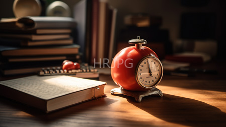 High Resolution: Illuminated wooden desk vintage red alarm clock black hands stand two books stacked soft sunlight blurred bookshelves download. | HRJPG.com