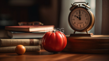 High Resolution: Wooden table warm soft lighting antique brass alarm clock two stacked books glasses small orange apple large ripe tomato download. | HRJPG.com