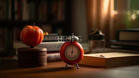 High Resolution: Office desk warm soft lighting red apple wooden blocks vintage-style alarm clock front center blurred bookshelves sunlight curtains download. | HRJPG.com