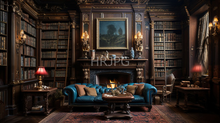 High Resolution: Opulent vintage library room dark wooden walls bookshelves blue velvet sofa roaring fireplace red-shaded lamps ornate carvings download. | HRJPG.com