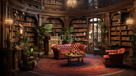 High Resolution: Opulent vintage library rich wooden bookshelves ornate carvings two red leather tufted armchairs round table teacup download. | HRJPG.com