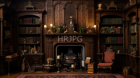 High Resolution: Ornate dim-lit Victorian library dark wooden bookshelves colorful books intricate carvings fireplace brass candlesticks green plants download. | HRJPG.com
