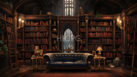High Resolution: Ornate dim-lit library dark wooden bookshelves colorful books intricate carvings central blue tufted leather sofa gold-trimmed tables download. | HRJPG.com