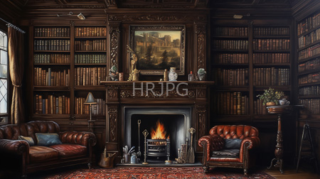High Resolution: Elegant dim-lit library room dark wooden bookshelves leather-bound books ornate carved fireplace roaring fire two vintage brown leather armchairs download. | HRJPG.com