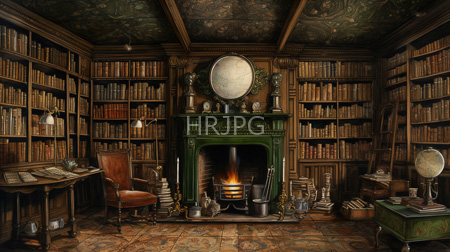 High Resolution: Ornate vintage library room dark wooden bookshelves old books green marble fireplace oval mirror clock lit firewood leather chair download. | HRJPG.com