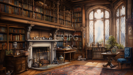 High Resolution: Ornate sunlit library room tall arched windows wooden bookshelves colorful books white fireplace ceramic vases sculptures cluttered desk download. | HRJPG.com