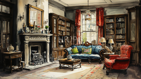 High Resolution: Traditional elegant living room rich wooden bookshelves furniture blue velvet sofa colorful cushions two tall windows red curtains download. | HRJPG.com