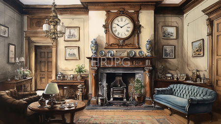 High Resolution: Vintage Victorian living room warm brown beige tones ornate wooden fireplace blue porcelain vases large clock wood-paneled wall download. | HRJPG.com