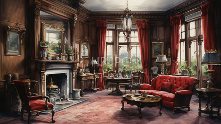 High Resolution: Luxurious Victorian-style living room rich wooden paneling ornate furnishings deep reds browns marble fireplace brass accents crimson tufted download. | HRJPG.com