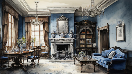 High Resolution: Luxurious vintage-style living room blue walls ornate white ceiling moldings silver fireplace two ceramic vases tall wooden book download. | HRJPG.com