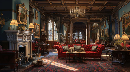 High Resolution: Opulent Victorian-style living room rich blue walls ornate ceiling moldings large windows sheer curtains two red velvet tufted sofas download. | HRJPG.com