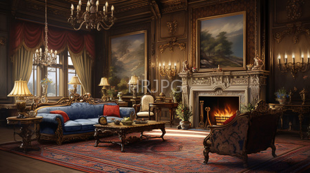 High Resolution: Opulent Victorian living room ornate wooden furniture blue velvet sofa red pillows gold trimmings fireplace lit warmly landscape paintings download. | HRJPG.com