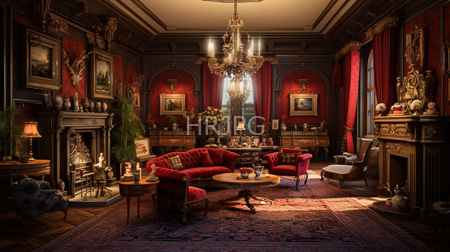 High Resolution: Opulent Victorian-style living room rich dark wood paneling deep red velvet walls framed paintings two plush crimson sofas download. | HRJPG.com