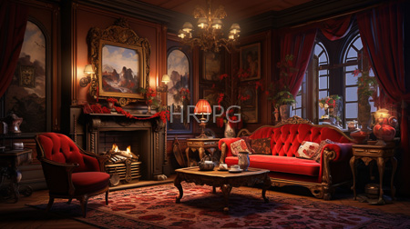 High Resolution: Opulent Victorian-style living room rich red gold tones ornate furniture velvet sofas festive holly garlands roaring fireplace chandelier download. | HRJPG.com