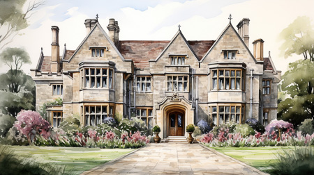High Resolution: Elegant Gothic-style stone mansion multiple gabled roofs tall chimneys large bay windows central arched wooden door intricate carvings download. | HRJPG.com