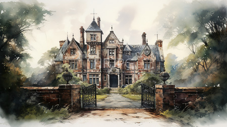 High Resolution: Old Gothic-style mansion weathered brick stone walls tall chimneys pointed rooflines arched windows ornate details iron gates download. | HRJPG.com