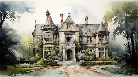 High Resolution: Ornate Gothic-style mansion tall chimneys intricate stonework arched windows central entrance steps dark wooden door lush greenery download. | HRJPG.com