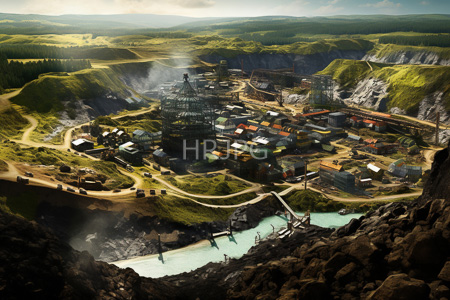 High Resolution: Industrial mining town lush green valleys rugged cliffs hills sunlight scattered clouds warehouses factories turquoise-blue waterways steam download. | HRJPG.com