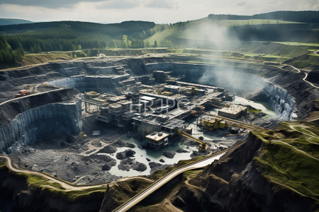 High Resolution: Aerial expansive industrial open-pit mine lush green hills dense forest cloudy skies smoke various structures dark excavated earth download. | HRJPG.com