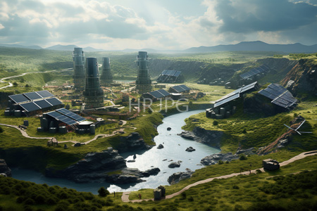 High Resolution: Eco-friendly futuristic village lush green hills towering solar panels wind turbines winding river rocky terrain mountains horizon download. | HRJPG.com