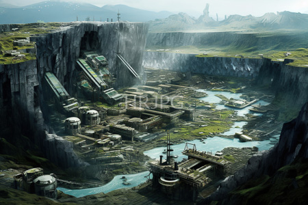 High Resolution: Ancient abandoned city deep canyon towering cliffs cascading waterfalls ruins stone buildings turquoise lakes small streams overcast brightened download. | HRJPG.com