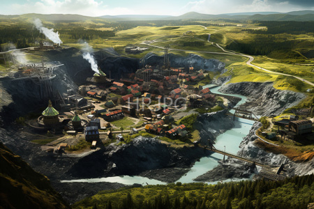 High Resolution: Picturesque medieval-style village deep canyon lush green hills forests bright sunlight red-roofed houses winding rivers rock formations download. | HRJPG.com