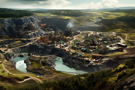High Resolution: Aerial industrial mining town rugged green hills clear blue lakes winding roads small buildings wooden rocky cliffs smoke download. | HRJPG.com