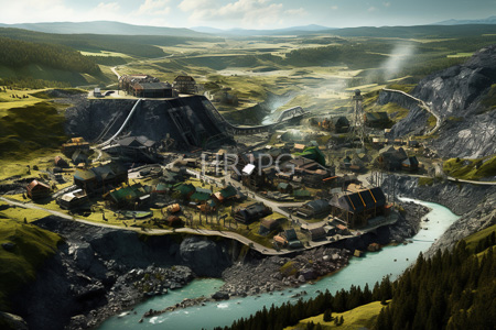 High Resolution: Mountainous industrial village turquoise rivers lush green hills cloudy skies numerous wooden houses sloped roofs rocky terrain smoke download. | HRJPG.com