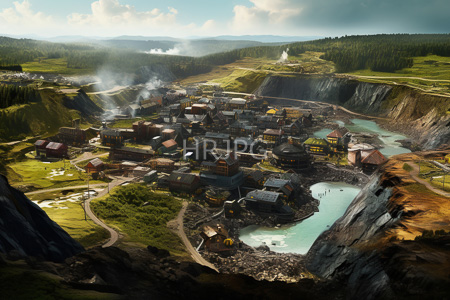 High Resolution: Industrial town rugged mountainous terrain steep cliffs waterfalls colorful buildings greenery smoke rises chimneys active industry turquoise lakes download. | HRJPG.com