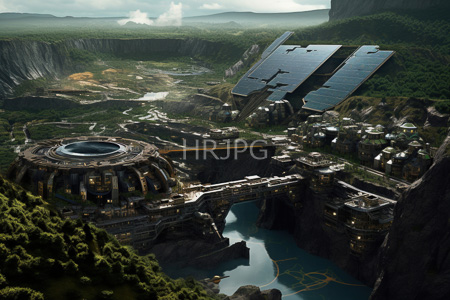 High Resolution: Fantasy landscape futuristic city built into rocky cliffs canyons lush greenery large solar panels steam cylindrical central building download. | HRJPG.com