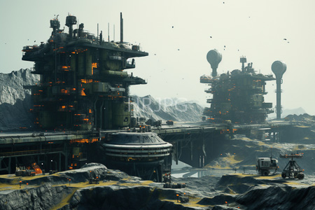 High Resolution: Industrial sci-fi landscape towering futuristic structures dark green gray hues orange lights misty mountains rocky terrain small vehicles download. | HRJPG.com