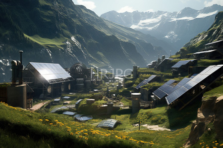 High Resolution: Eco-friendly solar-powered village lush green mountains snow-capped peaks clear skies numerous buildings blue-gray photovoltaic panels cylindrical water tanks download. | HRJPG.com