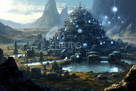 High Resolution: Futuristic cityscape towering structures glowing blue lights rugged mountains valleys sunset central building layered mechanical spheres waterways small boats download. | HRJPG.com