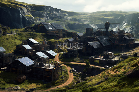 High Resolution: Industrial village lush green hills rocky cliffs waterfalls cloudy skies dark-roofed buildings solar panels winding dirt paths download. | HRJPG.com