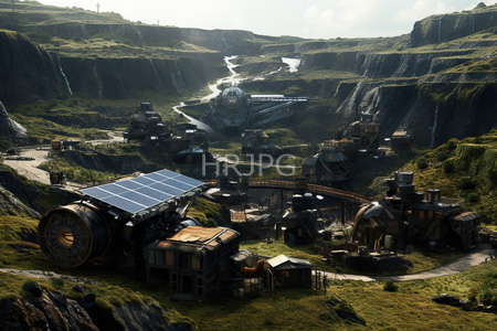 High Resolution: Industrial settlement lush green canyon valleys cascading waterfalls winding rivers rusted metal buildings solar panels grassy hillsides download. | HRJPG.com