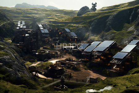 High Resolution: Ancient solar-paneled village lush green hills rocky cliffs misty mountains wooden structures blue-tinted slanted roofs central pathways warm light download. | HRJPG.com