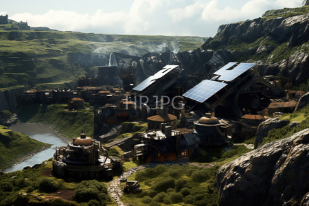 High Resolution: Futuristic solar-powered village rocky green hills lush vegetation winding river buildings angular designs large blue photovoltaic panels download. | HRJPG.com