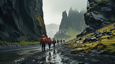 High Resolution: Six hikers red jackets backpacks walking icy rocky stream towering black cliffs mossy green patches mist overcast sky download. | HRJPG.com