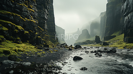 High Resolution: Ethereal misty mountain valley steep cliffs vibrant yellow moss dark rocks shallow stream towering rock formations foggy distance download. | HRJPG.com