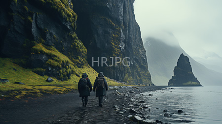 High Resolution: Two hikers dark winter gear walking rocky beach towering moss-covered cliffs misty mountains overcast skies distant figures shoreline path download. | HRJPG.com