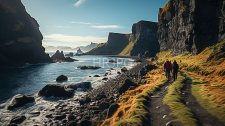 High Resolution: Three hikers red jackets walking orange green grassy path rocky coastline towering dark cliffs clear blue sky ocean download. | HRJPG.com