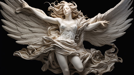 High Resolution: Angelic female figure flowing wavy blonde hair large detailed wings draped cloth exposed small breasts intricate jewelry download. | HRJPG.com