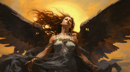 High Resolution: Ethereal winged woman flowing red hair fair skin glowing orange sunset silver off-shouldered dress gold trimmings large black wings download. | HRJPG.com