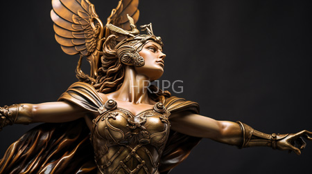 High Resolution: Intricately detailed bronze statue winged female figure outstretched arms ornate armor helmet wings serene contemplation dark background download. | HRJPG.com