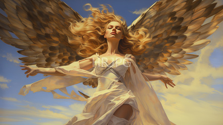 High Resolution: Ethereal blonde angel large golden wings blue sky fluffy clouds flowing white robes slender physique arm outstretched gracefully download. | HRJPG.com