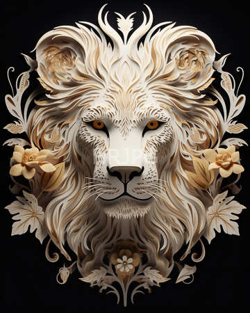 High Resolution: Intricately detailed white lion's head flowing golden-brown mane yellow flowers leaves black background amber eyes symmetrical floral patterns download. | HRJPG.com