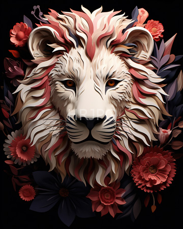 High Resolution: Intricately detailed white lion's head vibrant red pink flowers mane black background stylized floral elements surround download. | HRJPG.com