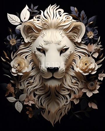 High Resolution: Elegant white lion's head flowing mane roses leaves beige brown purple black dark background intricate floral patterns golden eyes download. | HRJPG.com