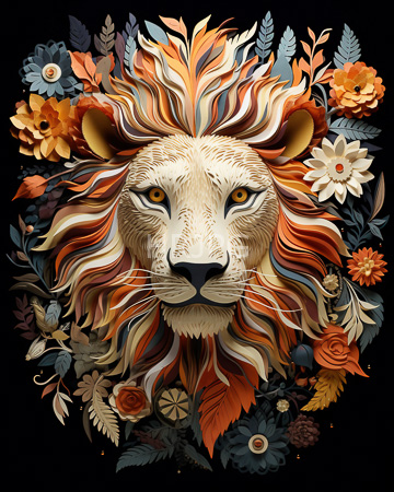 High Resolution: Intricately detailed lion's head vibrant flowers leaves orange red blue green black background realistic fur texture flowing mane download. | HRJPG.com