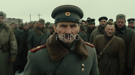High Resolution: Older German military officer gray mustache fur-collared uniform crowd green uniforms overcast sky somber mood download. | HRJPG.com